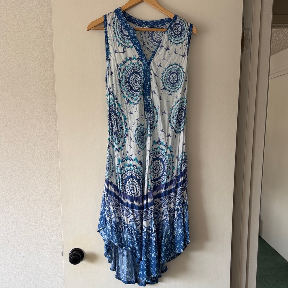 Chic High Low Blue Patterned Dress